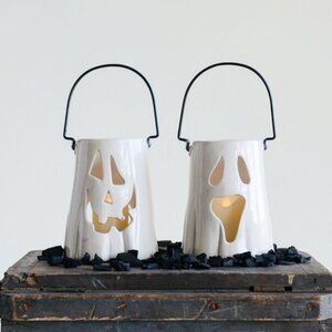 Set/2 Ceramic Ghost Lanterns with Metal Handles